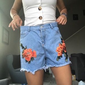 Blue Frayed Shorts w/ Red Embroidered Flowers